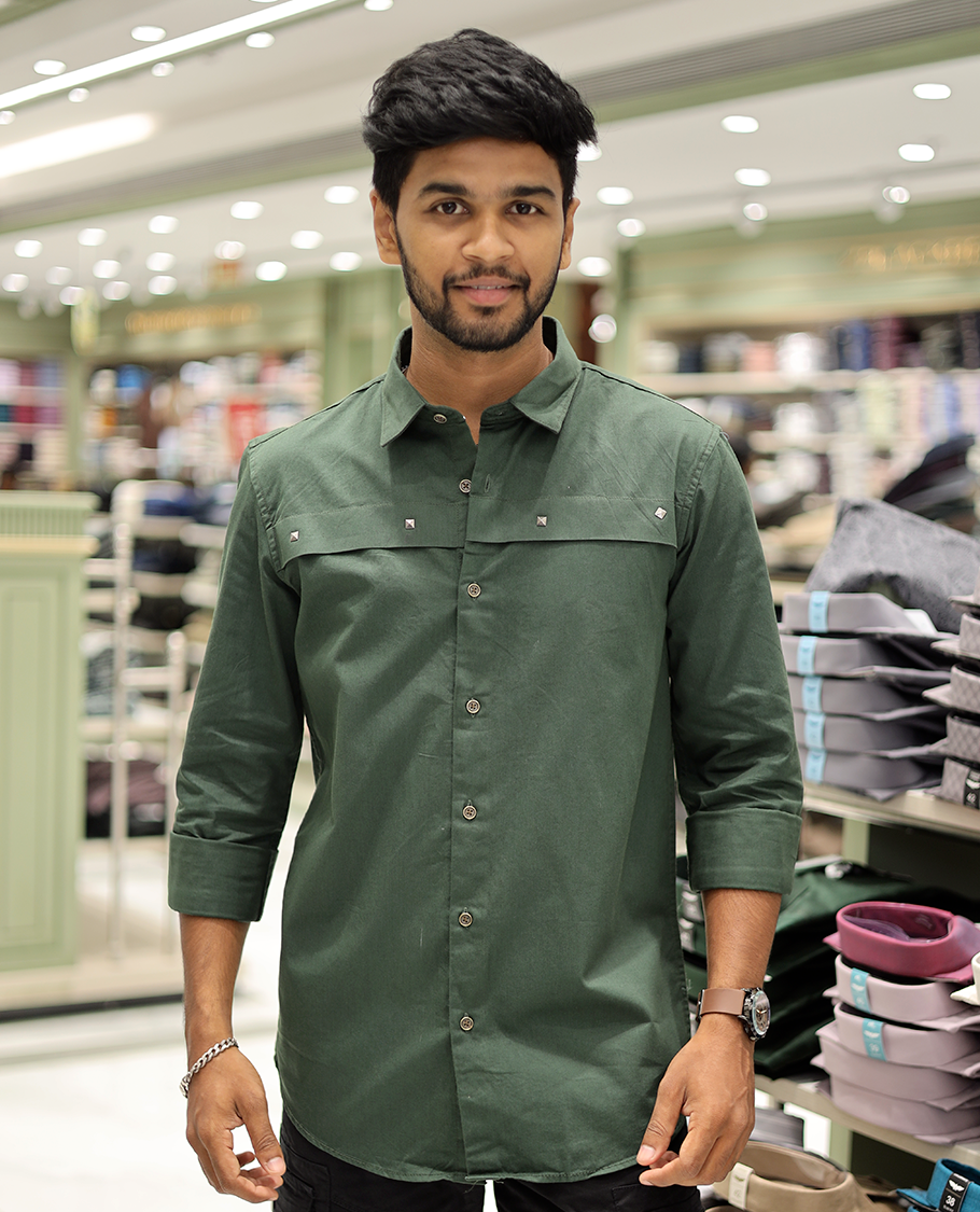 Olive Green Cotton-Blended Casual Shirt Features Life-Quotes Backprint, Full-Sleeves, a Spread Collar, a Regular Fit, and a Regular Length