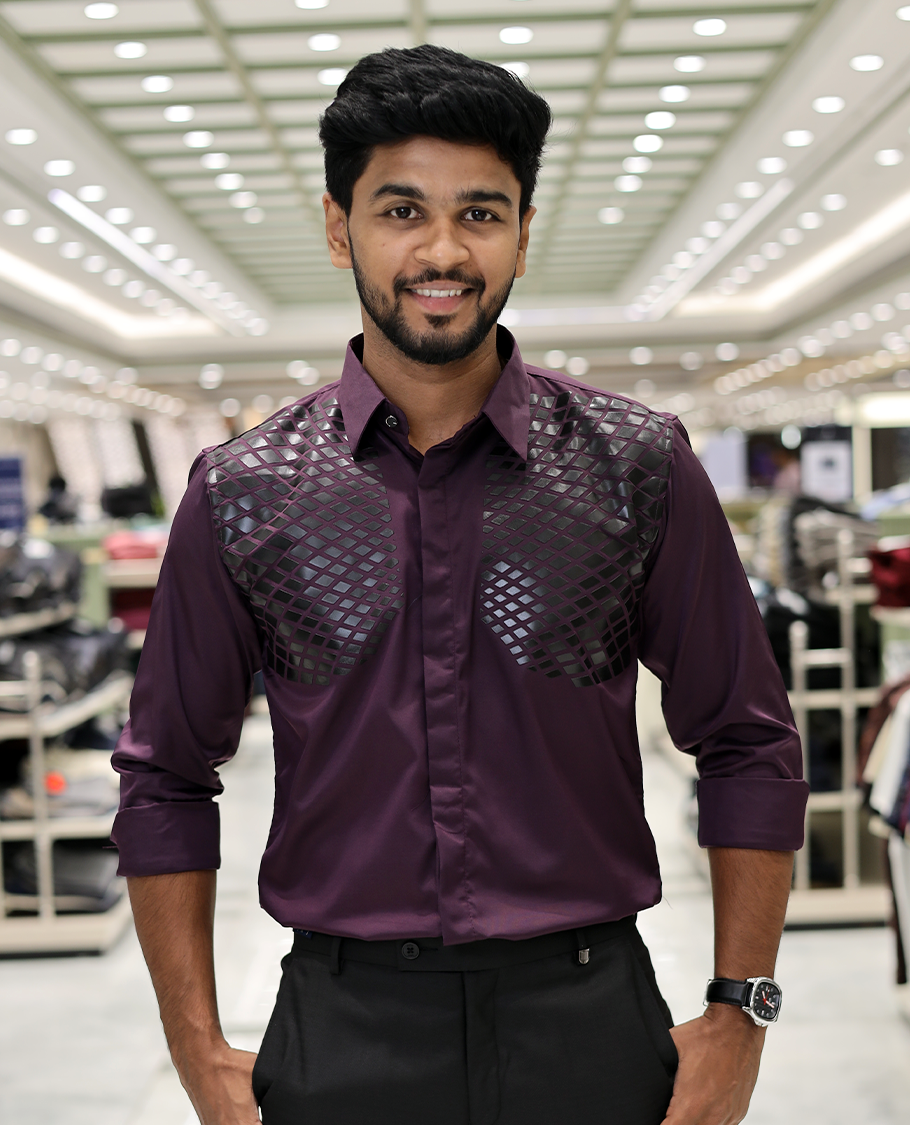 Purple Poly-Blended Party Wear Shirt, Features Geometric Flock Print, Full Sleeves, Spread Collar, Slim Fit, and Regular Length