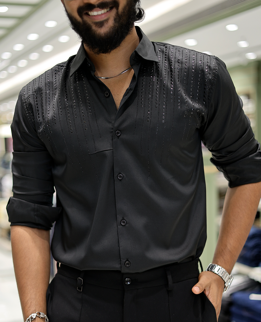 Black Poly-Blended Party-Wear Shirt Features Stonework, a Full Sleeve, a Spread Collar, a Slim Fit, and Regular Length