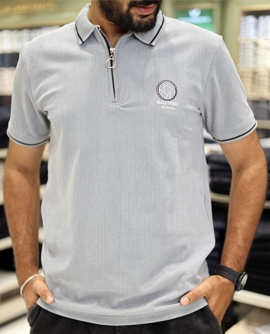 Light Grey Corduroy T-Shirt Comes with a Polo Neck, Half-Sleeves, a Slim Fit, and Regular Length