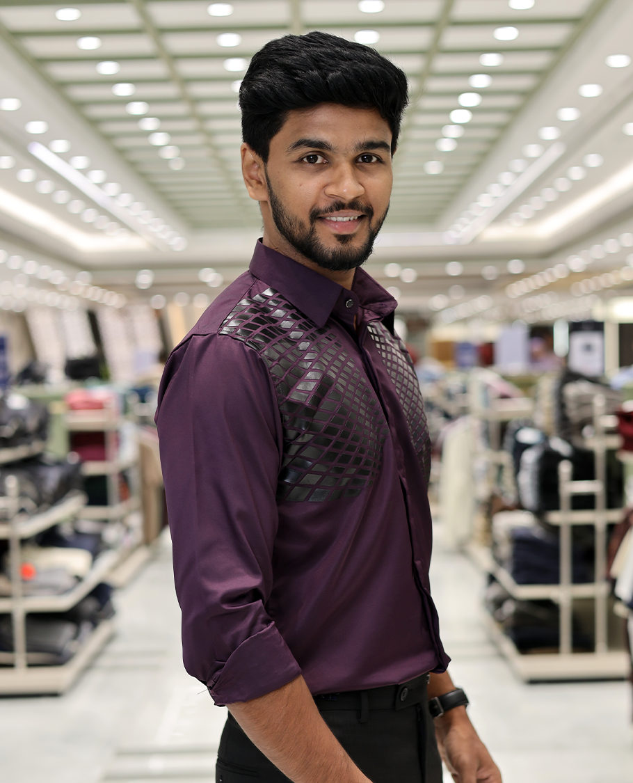 Purple Poly-Blended Party Wear Shirt, Features Geometric Flock Print, Full Sleeves, Spread Collar, Slim Fit, and Regular Length