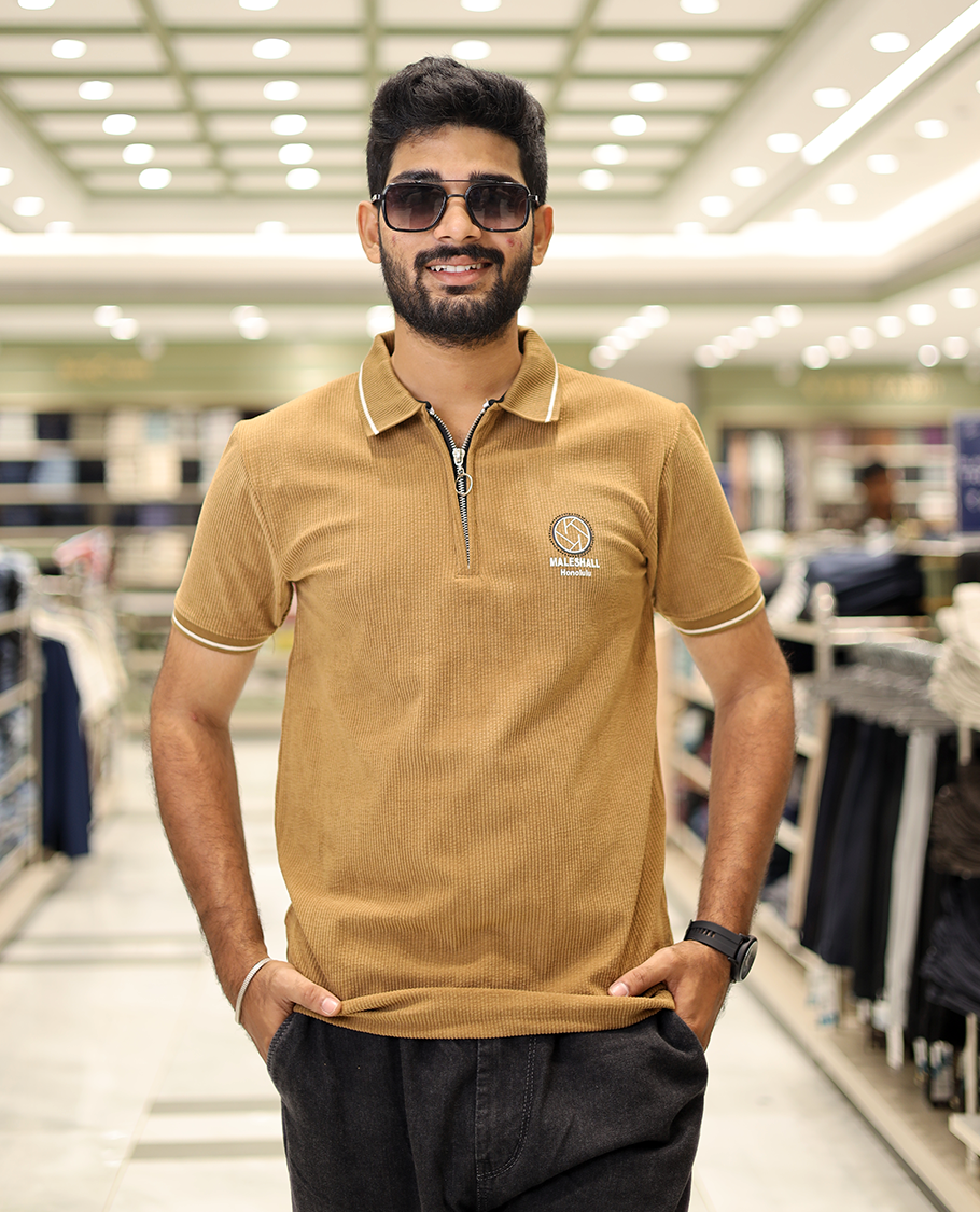 Khaki Corduroy T-Shirt Comes with a Polo Neck, Half-Sleeves, a Slim Fit, and Regular Length