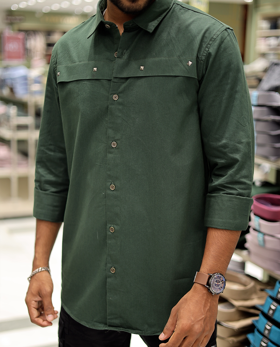 Olive Green Cotton-Blended Casual Shirt Features Life-Quotes Backprint, Full-Sleeves, a Spread Collar, a Regular Fit, and a Regular Length
