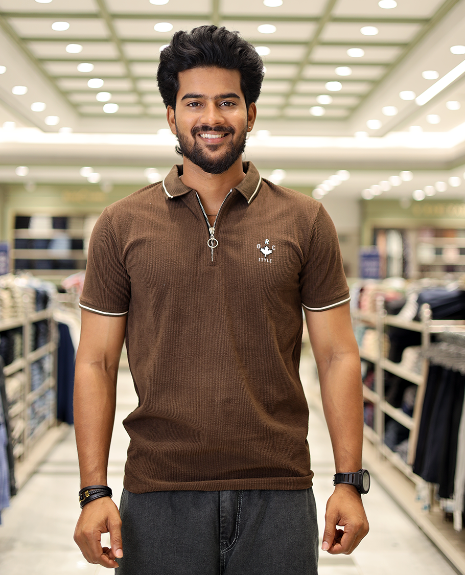 Brown Corduroy T-Shirt Comes with a Polo Neck, Half-Sleeves, a Slim Fit, and Regular Length
