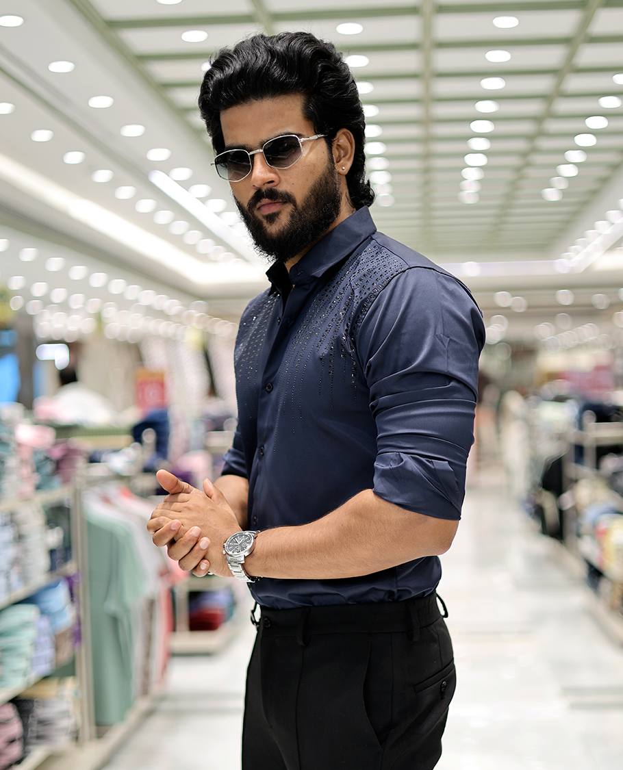 Navy Poly-Blended Party-Wear Shirt Features Stonework, a Full Sleeve, a Spread Collar, a Slim Fit, and Regular Length