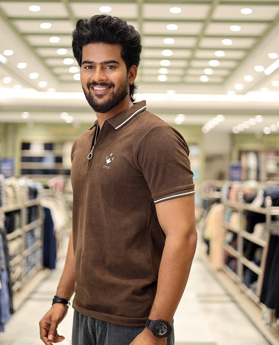 Brown Corduroy T-Shirt Comes with a Polo Neck, Half-Sleeves, a Slim Fit, and Regular Length