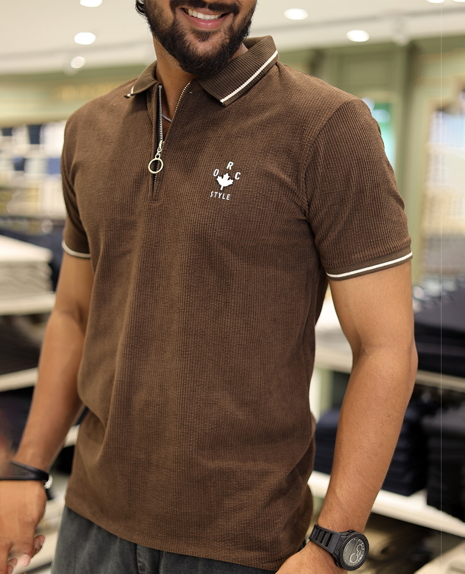 Brown Corduroy T-Shirt Comes with a Polo Neck, Half-Sleeves, a Slim Fit, and Regular Length