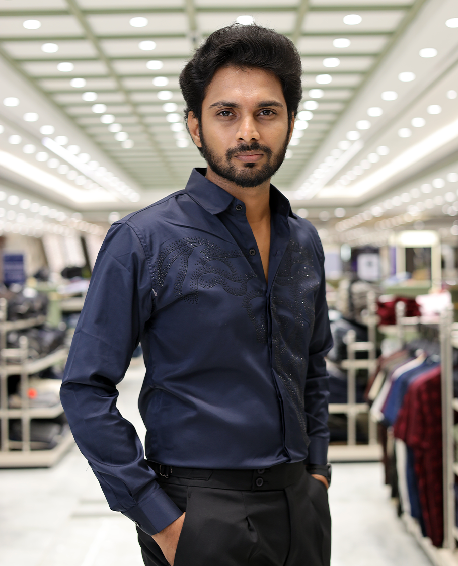 Navy Blue Poly-Blended Party Wear Shirt, Features Vines-Themed Stone Work, Full Sleeves, a Spread Collar, Slim Fit, and Regular Length