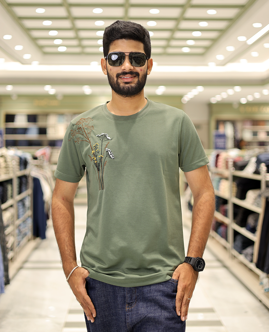 Green Cotton-Blended T-Shirt Comes with Floral-Theme Embroidered Motifs, Half-Sleeves, a Crew Neck, a Slim Fit, and Regular Length