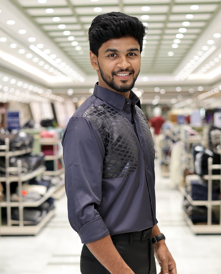 Grey Poly-Blended Party Wear Shirt, Features Geometric Flock Print, Full Sleeves, Spread Collar, Slim Fit, and Regular Length