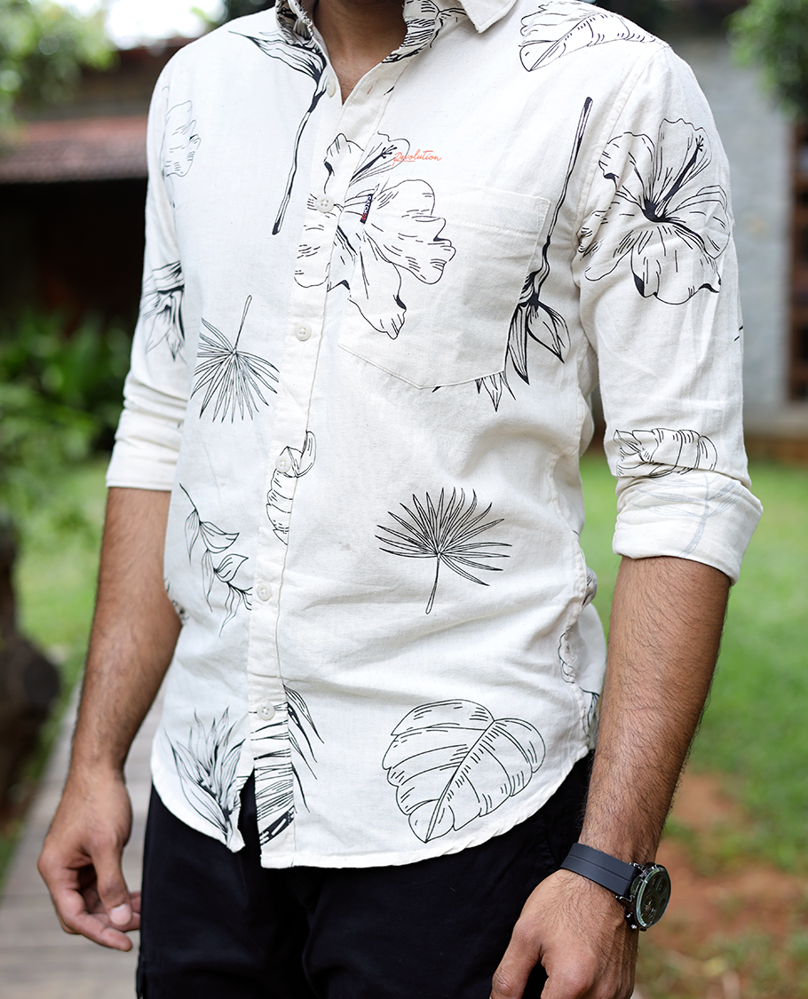 Cream Cotton-Blended Casual Shirt, Elevated with Tropical Flora-themed Print, Full Sleeves, a Slim Fit, a Spread Collar, and a Regular Length