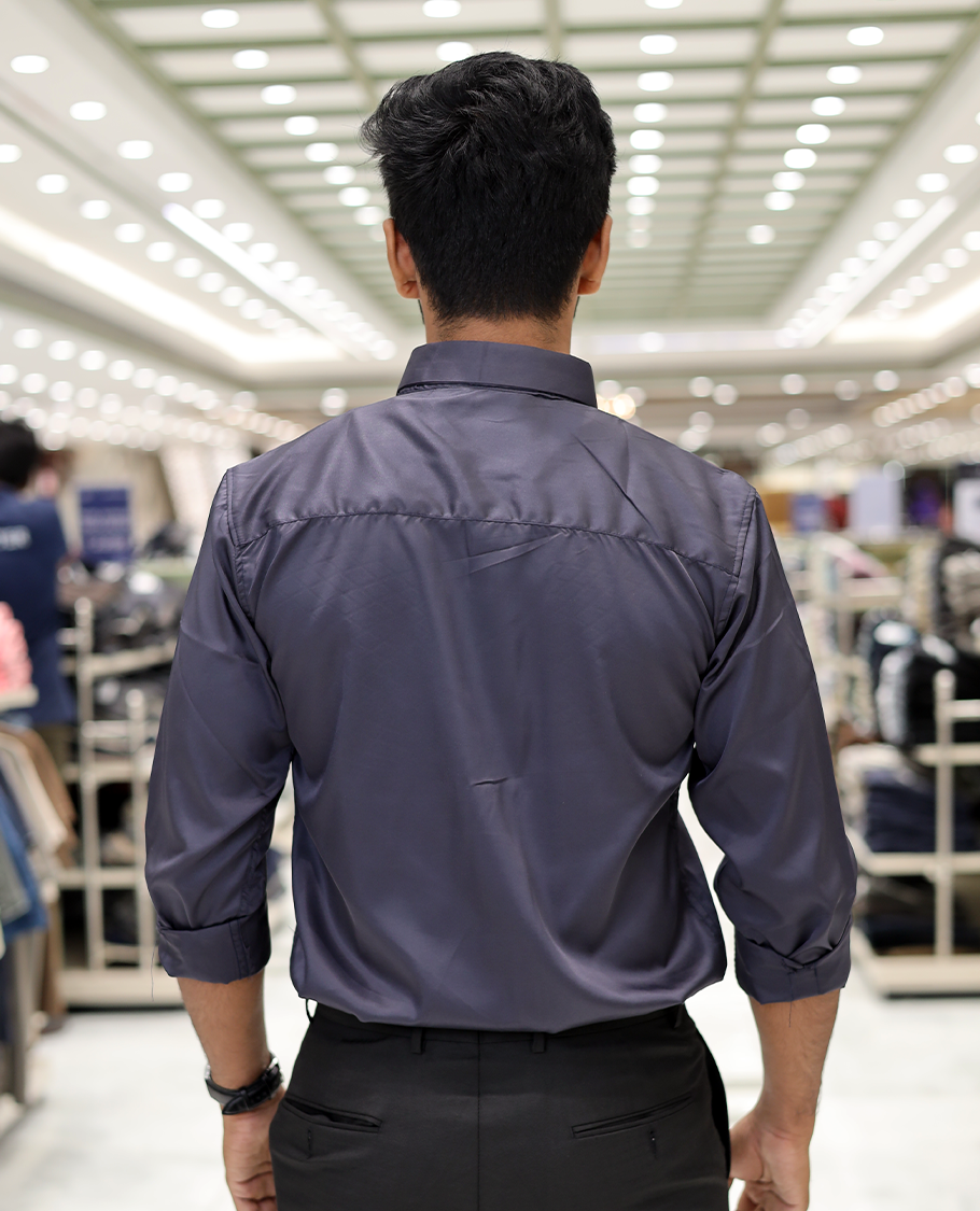 Grey Poly-Blended Party Wear Shirt, Features Geometric Flock Print, Full Sleeves, Spread Collar, Slim Fit, and Regular Length