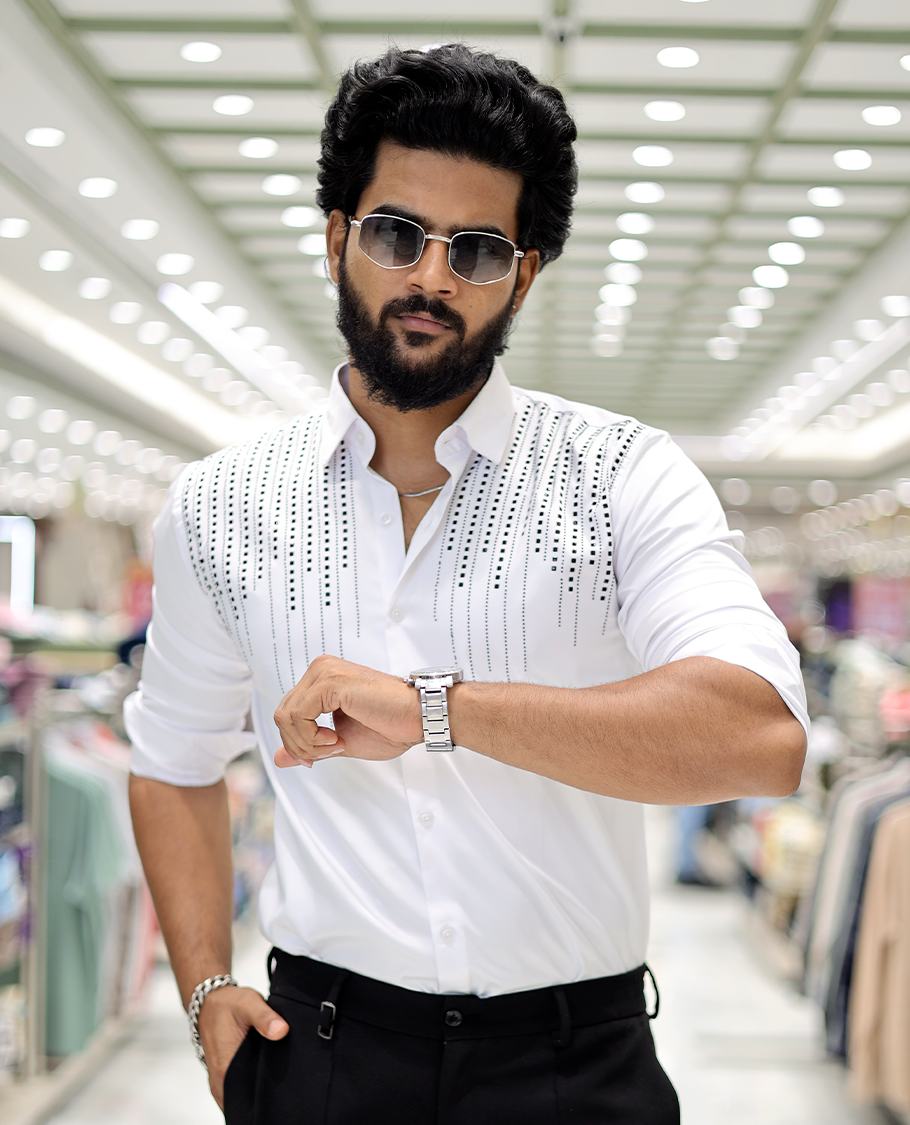White Poly-Blended Party-Wear Shirt Features Stonework, a Full Sleeve, a Spread Collar, a Slim Fit, and Regular Length