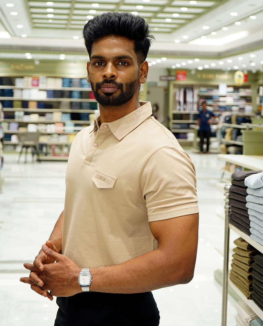 Khaki Cotton-Blended Plain T-Shirt Comes with a Polo Neck, Half Sleeves, a Slim Fit, and Regular Length