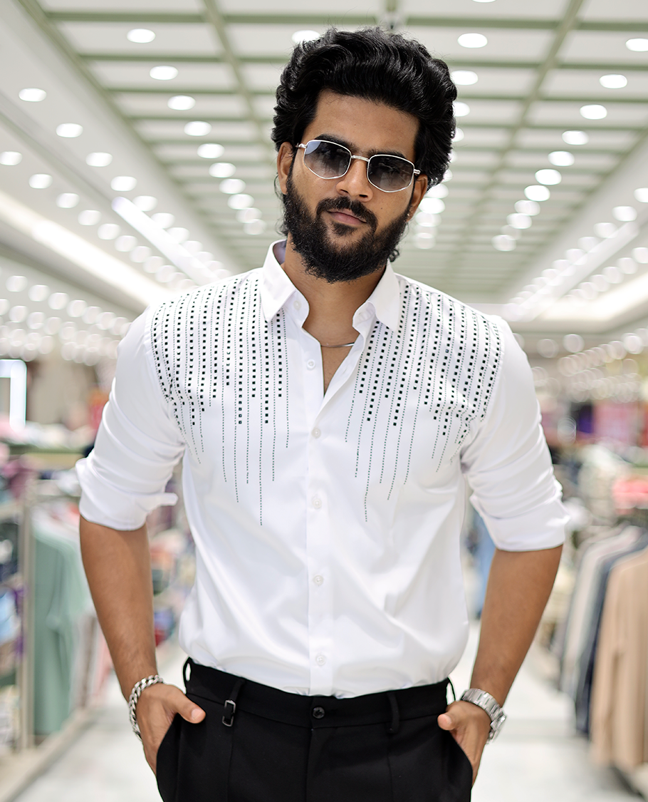 White Poly-Blended Party-Wear Shirt Features Stonework, a Full Sleeve, a Spread Collar, a Slim Fit, and Regular Length