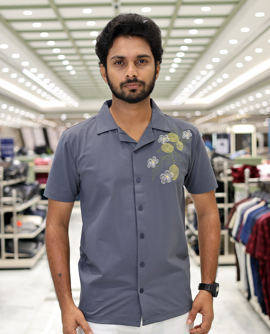 Grey Cotton-Blended Casual Shirt Comes with Floral Motifs Knitted Embroidery, Cuban Collar, Half Sleeves, Boxy Fit, and Regular Length