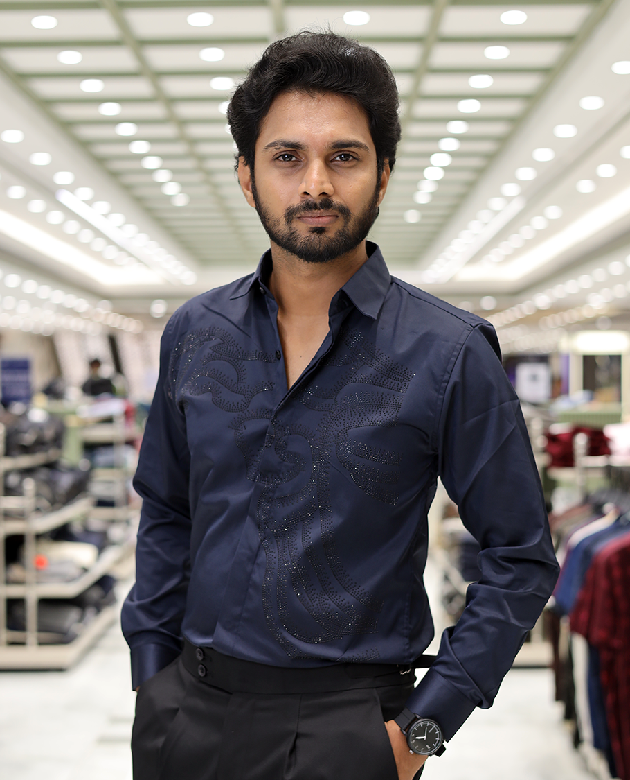 Navy Blue Poly-Blended Party Wear Shirt, Features Vines-Themed Stone Work, Full Sleeves, a Spread Collar, Slim Fit, and Regular Length