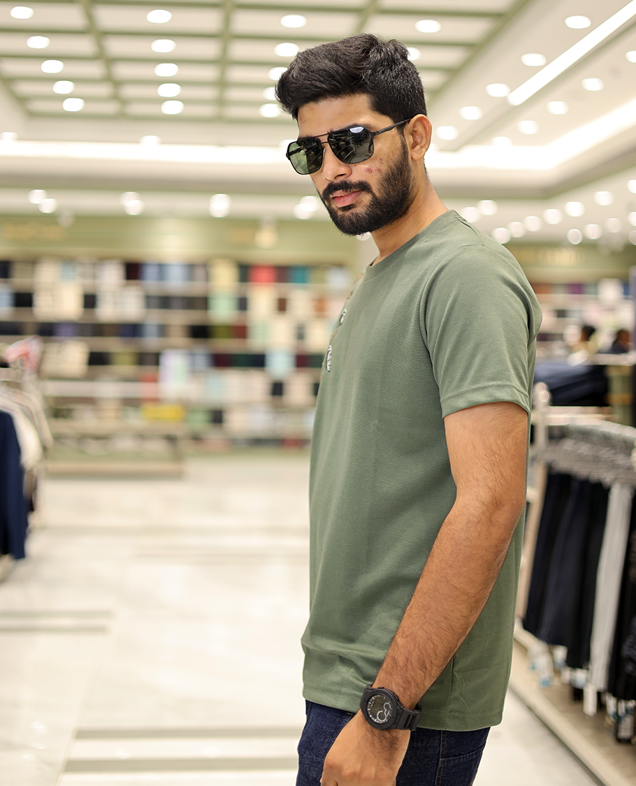 Green Cotton-Blended T-Shirt Comes with Floral-Theme Embroidered Motifs, Half-Sleeves, a Crew Neck, a Slim Fit, and Regular Length