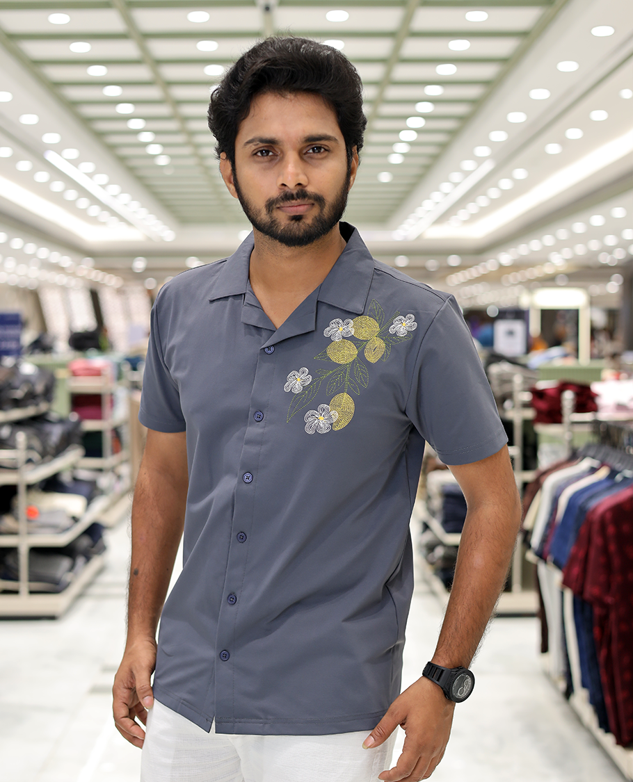 Grey Cotton-Blended Casual Shirt Comes with Floral Motifs Knitted Embroidery, Cuban Collar, Half Sleeves, Boxy Fit, and Regular Length