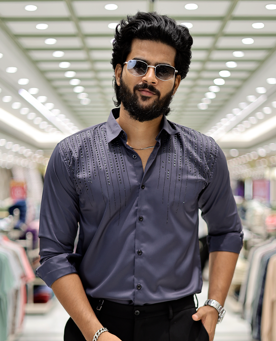 Grey Poly-Blended Party-Wear Shirt Features Stonework, a Full Sleeve, a Spread Collar, a Slim Fit, and Regular Length