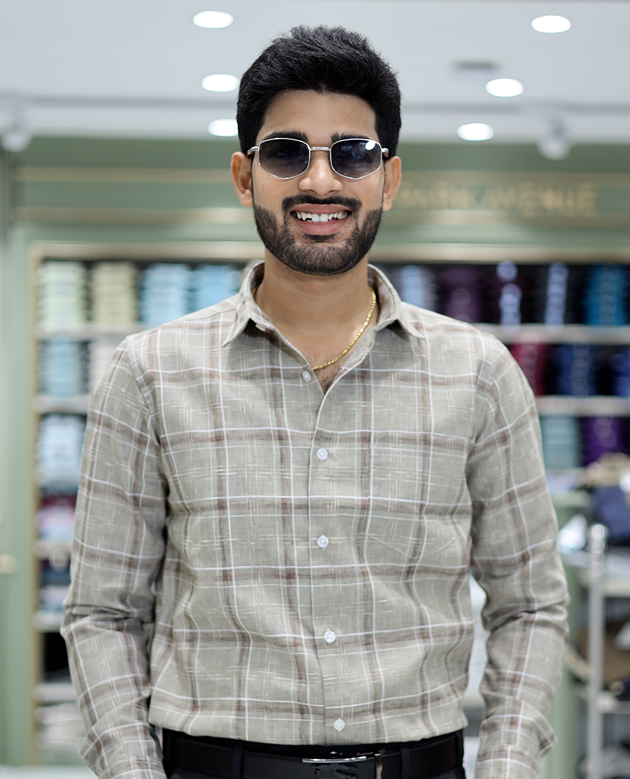 Beige Checked Cotton Casual Shirt