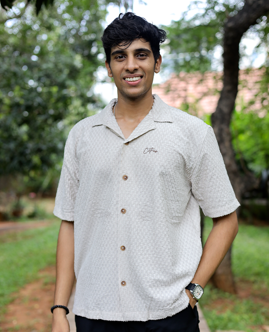 Light Grey Textured Cotton-Blended Casual Shirt Features Half Sleeves, a Regular Fit, a Spread Collar, and Regular Length