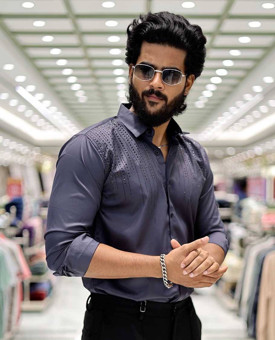 Grey Poly-Blended Party-Wear Shirt Features Stonework, a Full Sleeve, a Spread Collar, a Slim Fit, and Regular Length