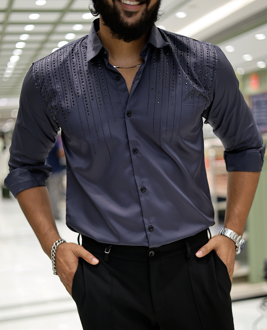 Grey Poly-Blended Party-Wear Shirt Features Stonework, a Full Sleeve, a Spread Collar, a Slim Fit, and Regular Length