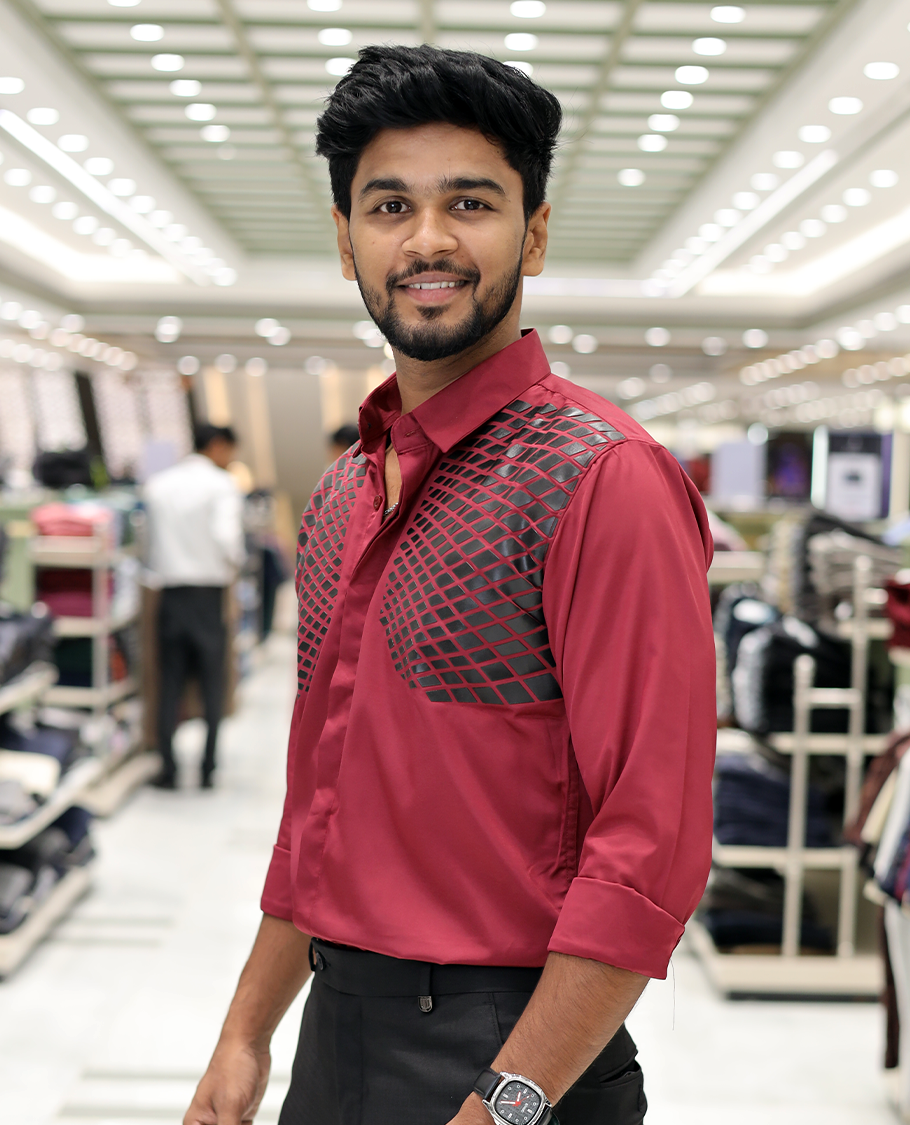 Red Poly-Blended Party Wear Shirt, Features Geometric Flock Print, Full Sleeves, Spread Collar, Slim Fit, and Regular Length