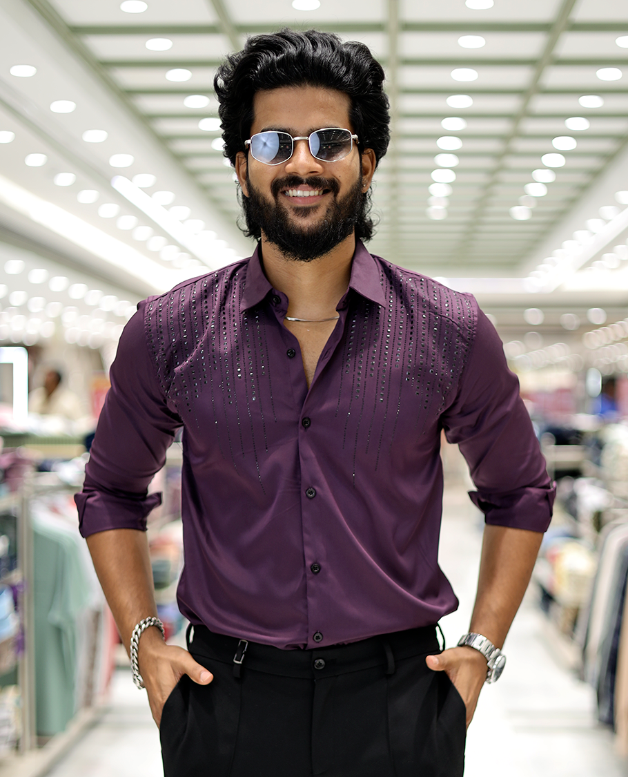 Purple Poly-Blended Party-Wear Shirt Features Stonework, a Full Sleeve, a Spread Collar, a Slim Fit, and Regular Length