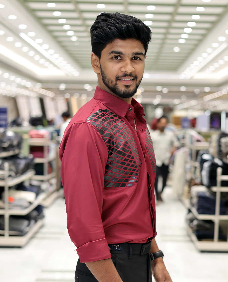 Red Poly-Blended Party Wear Shirt, Features Geometric Flock Print, Full Sleeves, Spread Collar, Slim Fit, and Regular Length