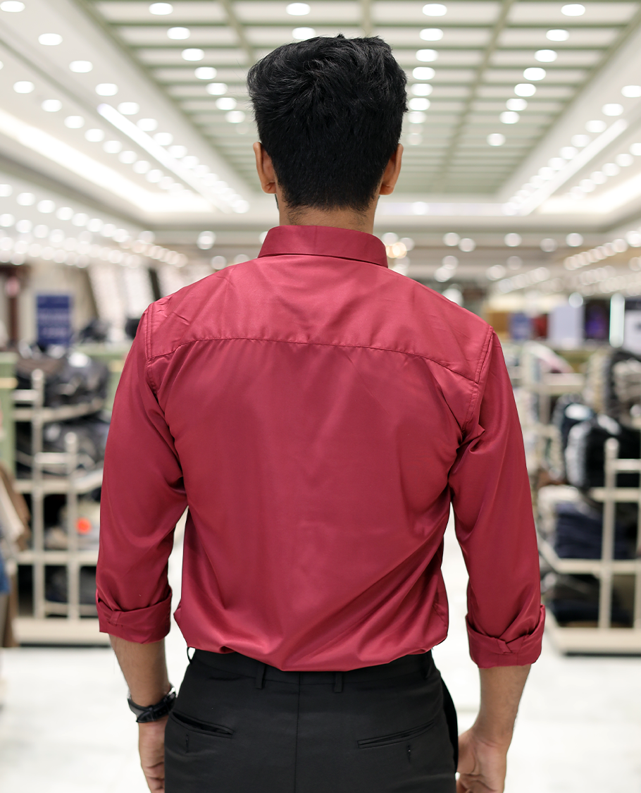 Red Poly-Blended Party Wear Shirt, Features Geometric Flock Print, Full Sleeves, Spread Collar, Slim Fit, and Regular Length