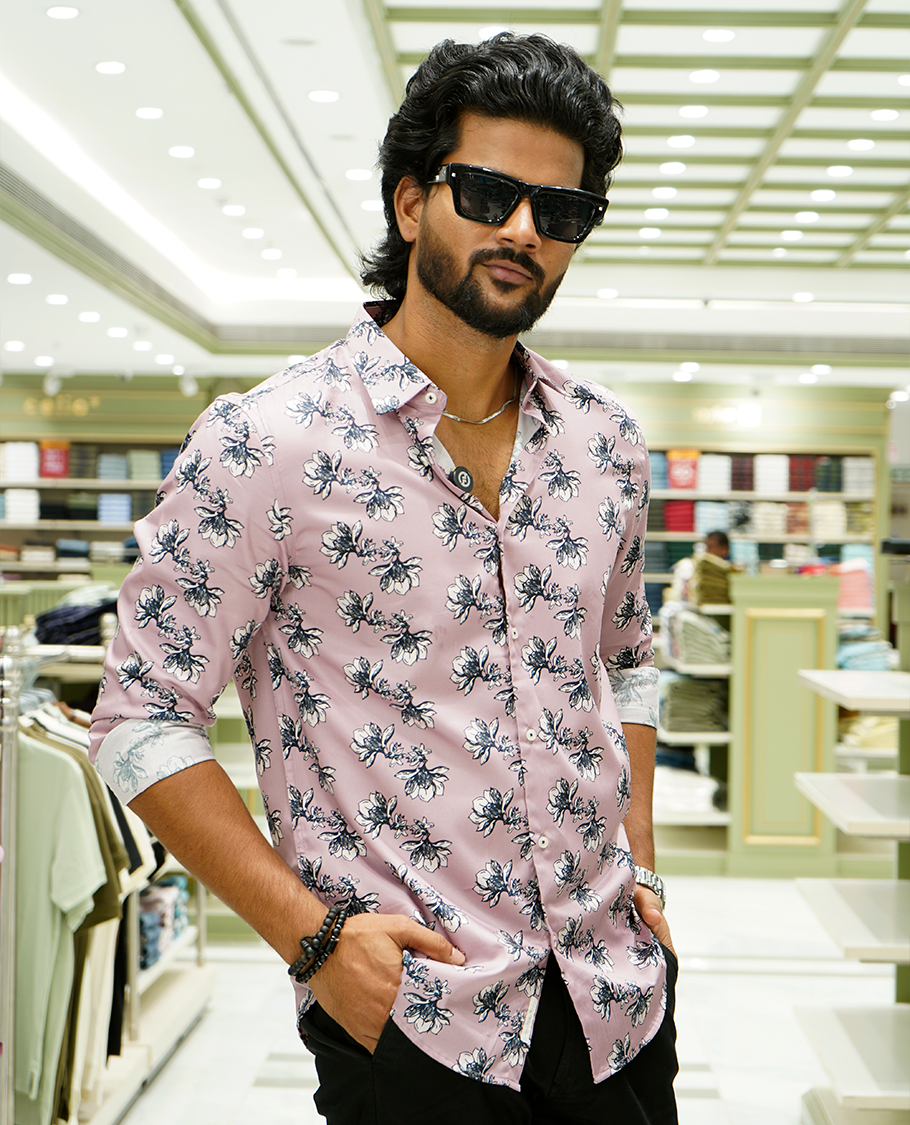 Pink Cotton-Blended Casual Shirt Features Floral Print, a Spread Collar, Full Sleeves, a Slim Fit, and Regular Length