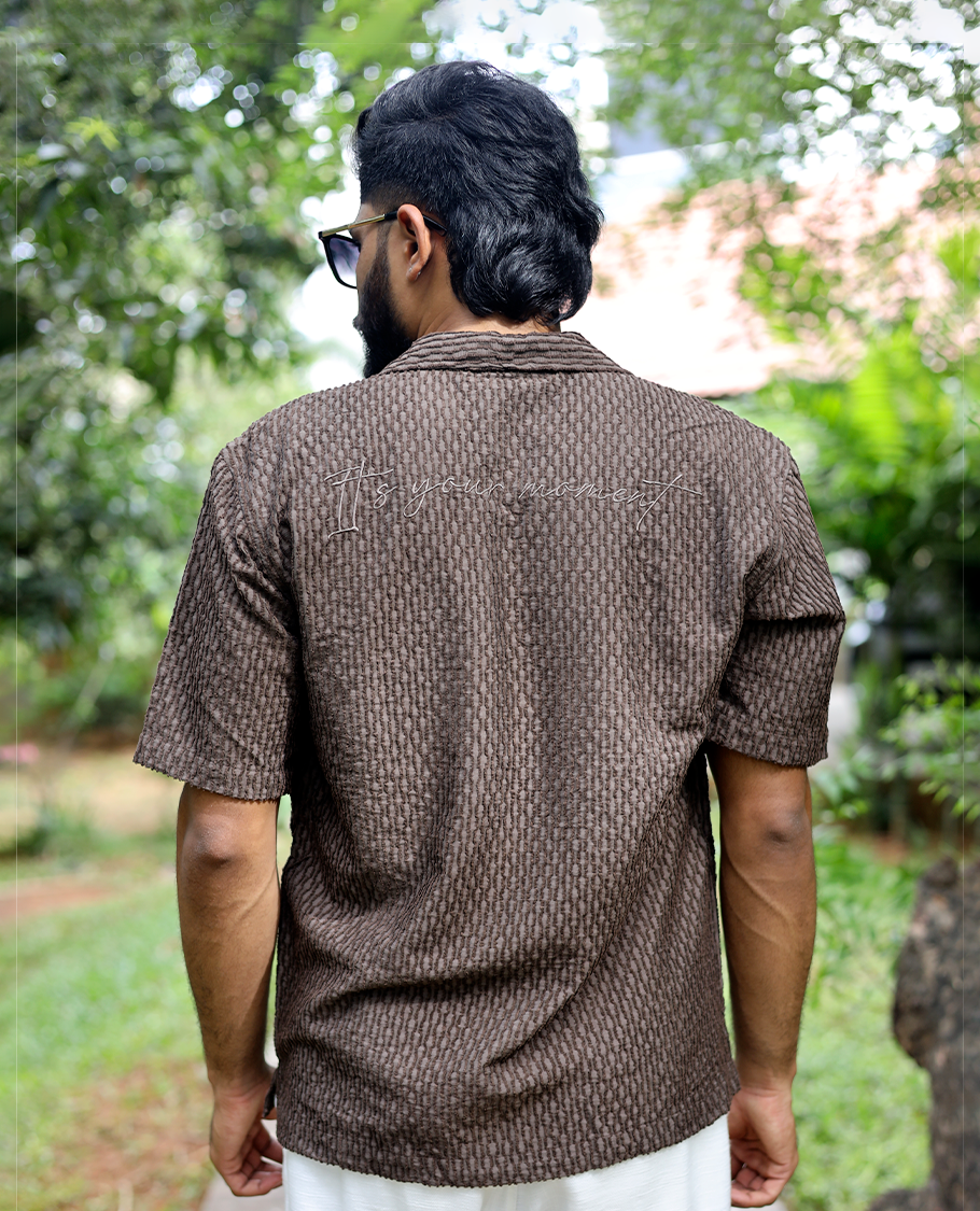 Brown Textured Cotton-Blended Casual Shirt Features Half Sleeves, a Regular Fit, a Spread Collar, and Regular Length