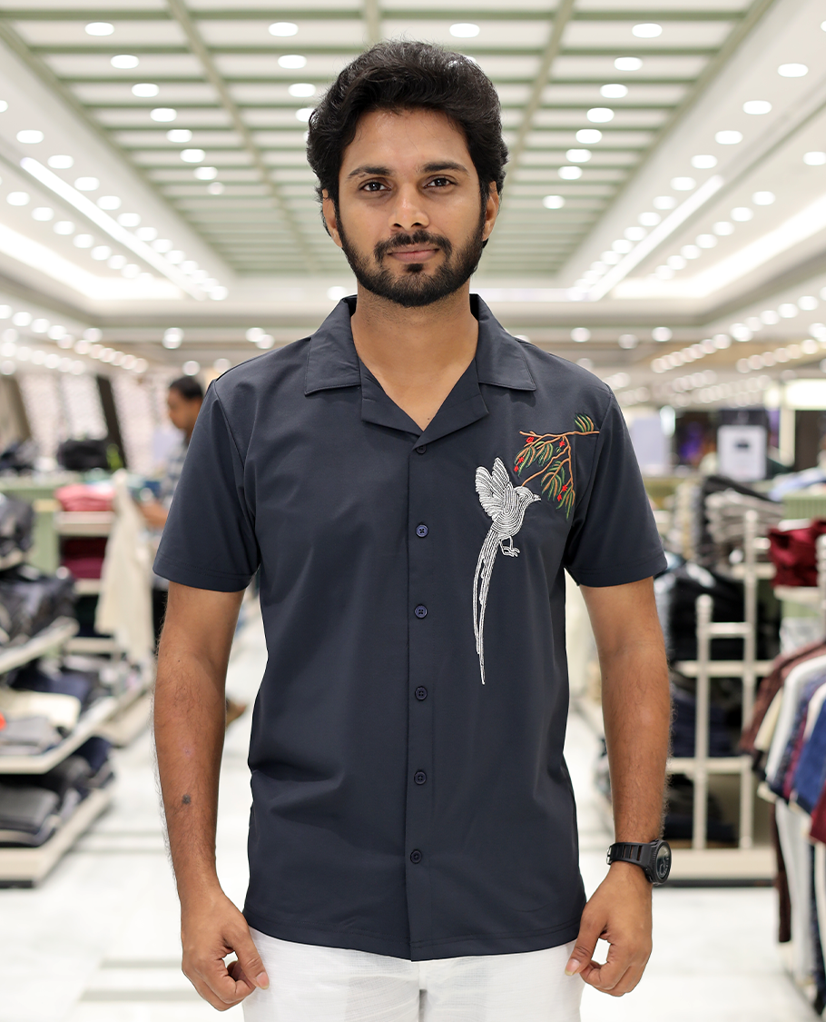 Grey Cotton-Blended Casual Shirt Comes with Humming Bird Motifs, Knitted Embroidery, Cuban Collar, Half Sleeves, Boxy Fit, and Regular Length