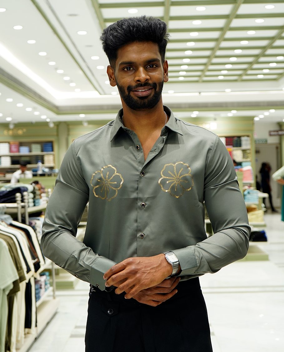 Olive Green Designer Party Wear Shirt Features Flower Work, a Spread Collar, Full Sleeves, a Slim Fit, and Regular Length