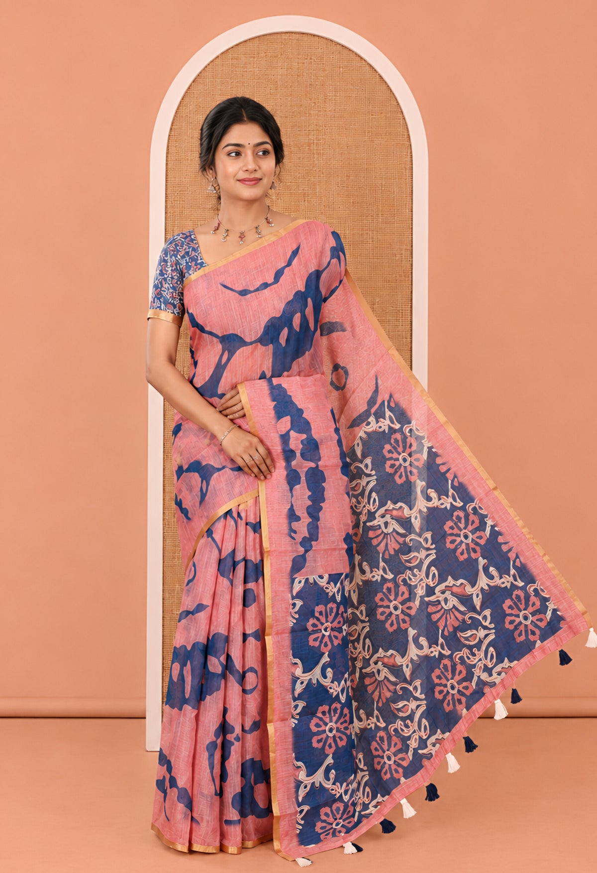 Onion Pink Linen Cotton Saree, Adorned with Shibori Print, Gold Piping Border, Contrast Floral Printed Pallu, and Contrast Floral Printed Blouse