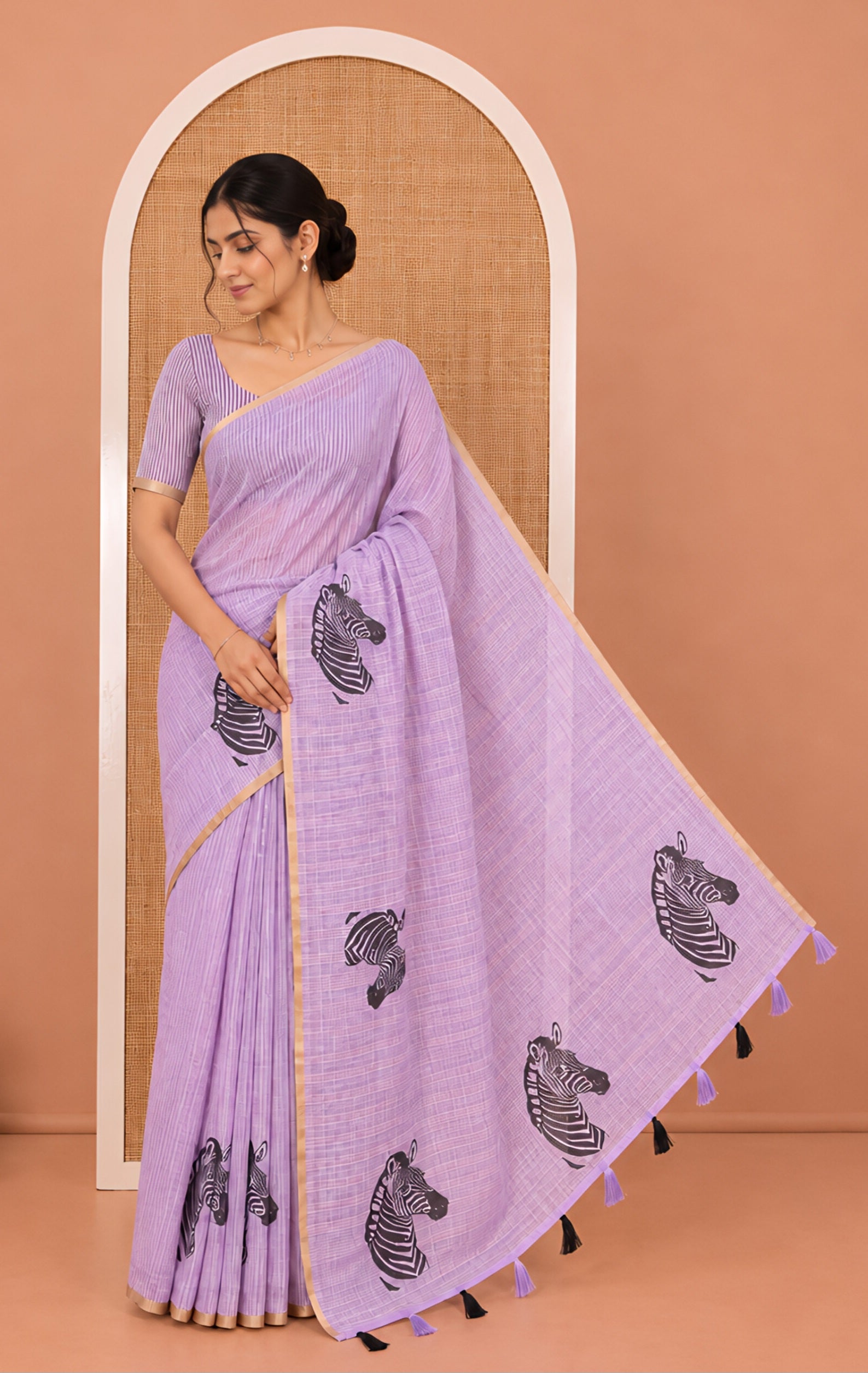 Lavender Linen Cotton Saree, Accentuated with Zebra Motifs Print, A Subtle Piping Border, Zebra Printed Pallu, and Comes with a Contrast Blouse