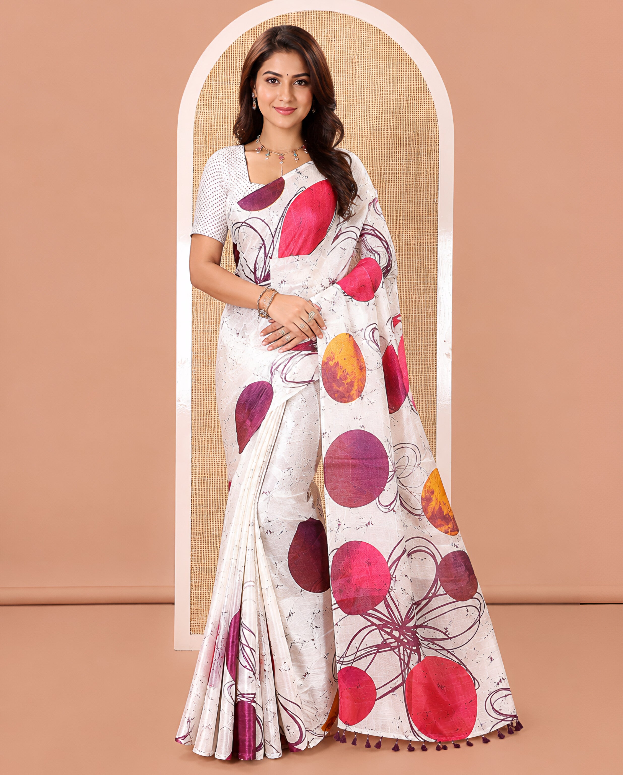 Borderless Cream and Purple Khadi Cotton Saree, Elevated with Big Circles Motifs, Floral Motifs, and Batik Print on Its Body, Self-Printed Pallu, and Paired with a Matching Printed Blouse