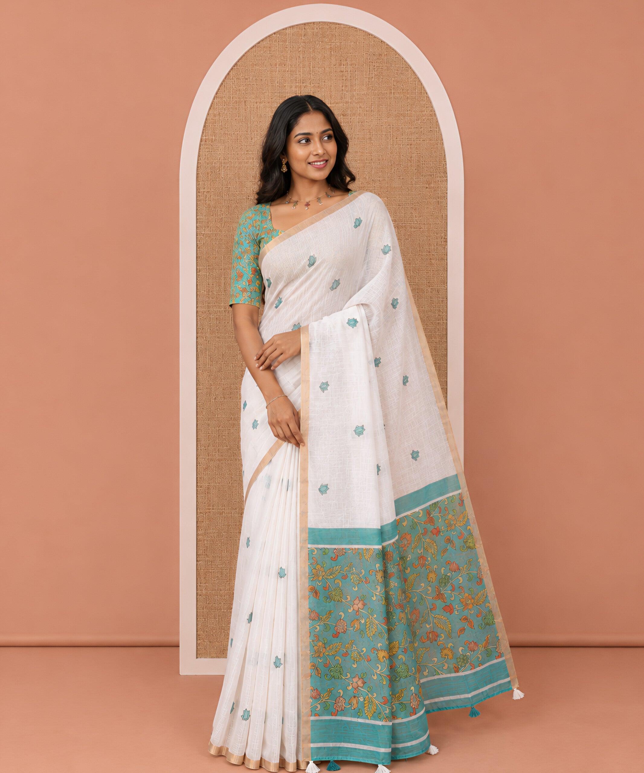 White lotus motifs printed linen saree, piping border, contrast floral vine printed pallu, and contrast printed blouse