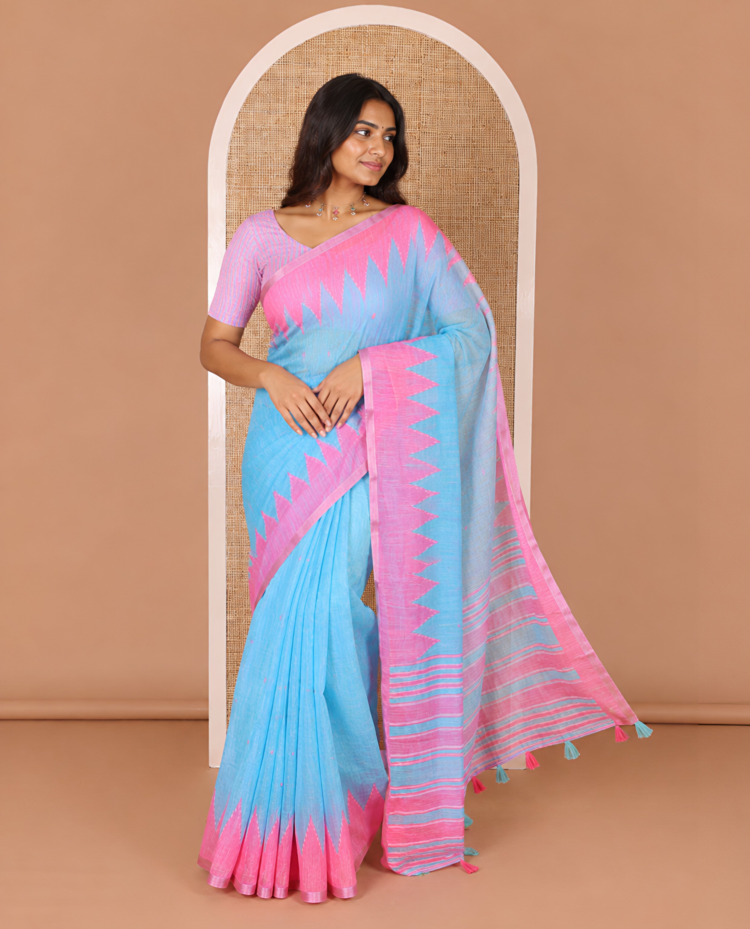 Blue small thread buttas linen cotton saree, contrast temple zari piping border, striped pallu and a contrast blouse