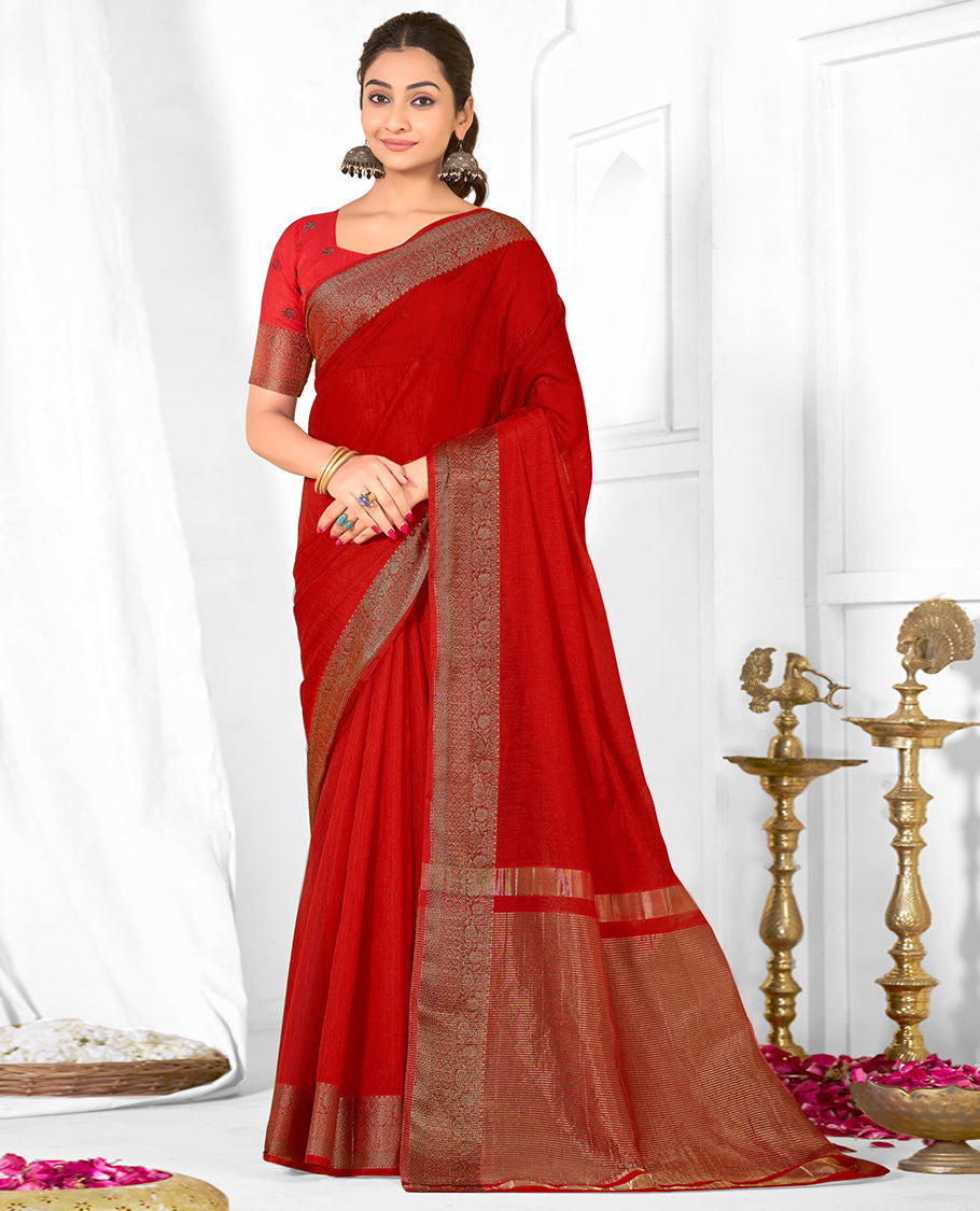 Red Plain Linen Designer Catalog Saree