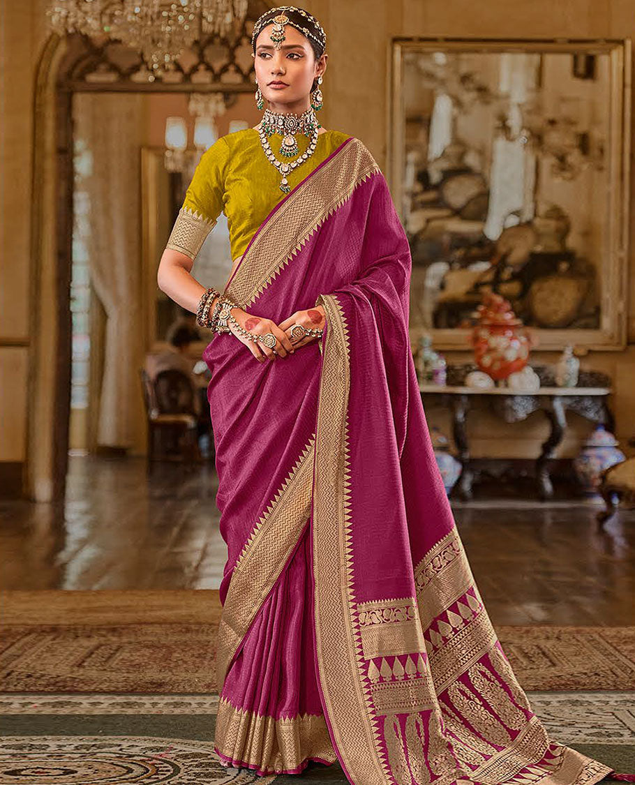 Purple Sparsely Textured Designer Saree, Bedecked with Traditional Zari Design Border, Pallu Features Paisley Designs, and Paired with a Contrast Blouse