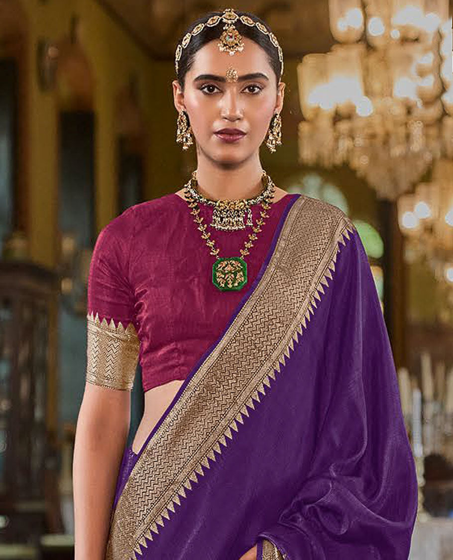 Violet Sparsely Textured Designer Saree, Adorned with Traditional Zari Design Border, Pallu Features Paisley Designs, and Paired with a Contrast Blouse