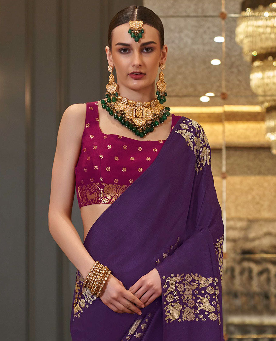 Borderless violet animal motifs designer saree, self-pallu of animal motifs
