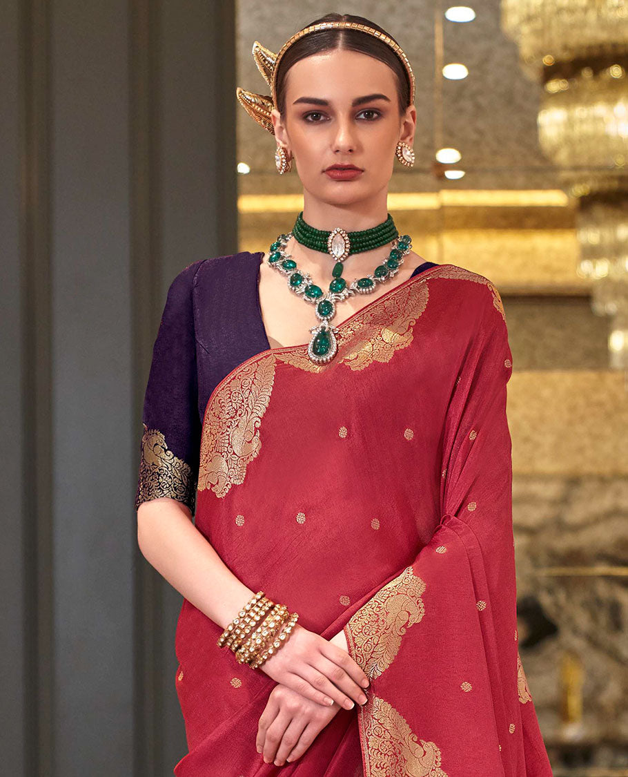 Red buttas designer saree, peacock motifs border, and pallu of peacock and intricate designs