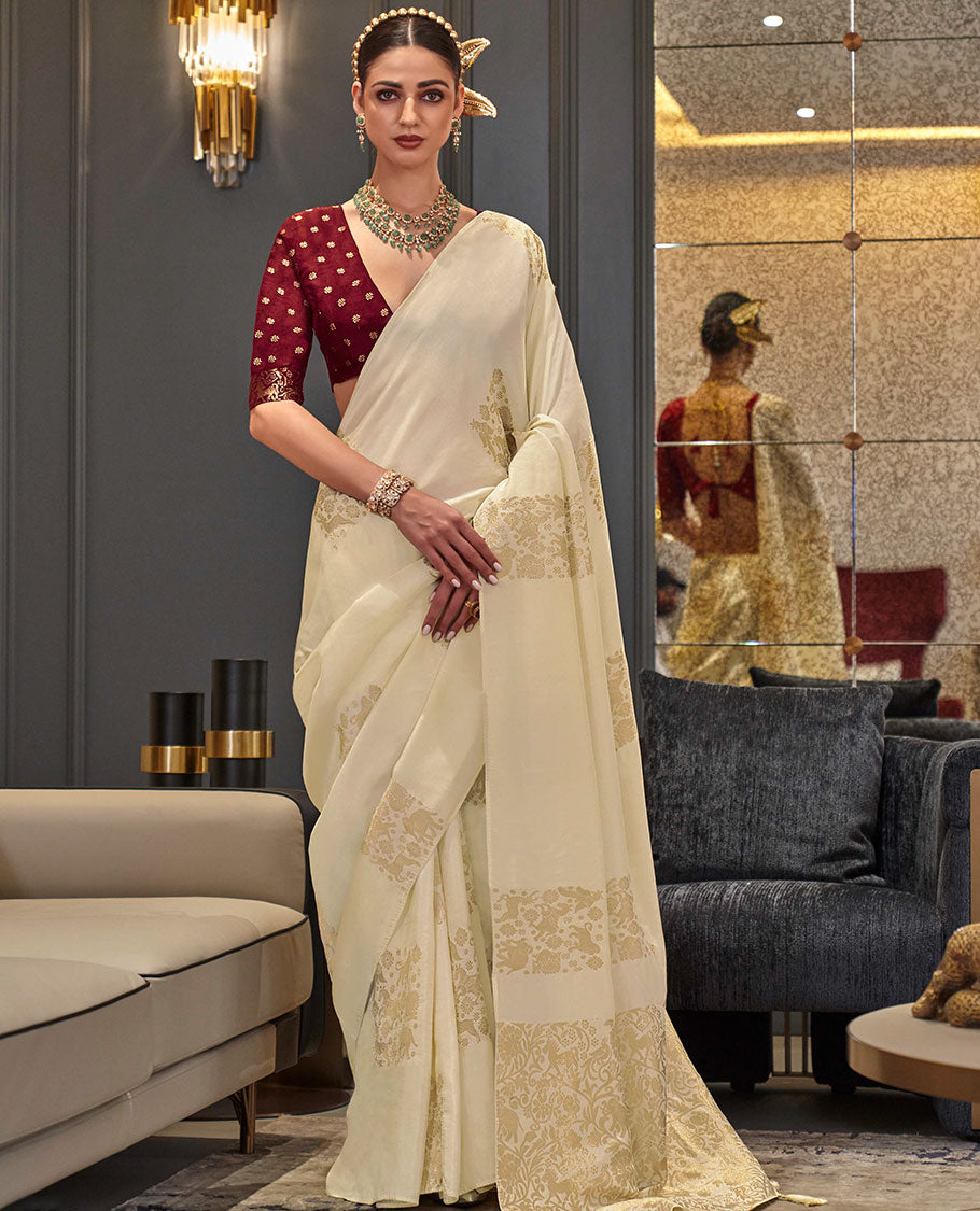 Borderless cream animal motifs designer saree, self-pallu of animal motifs