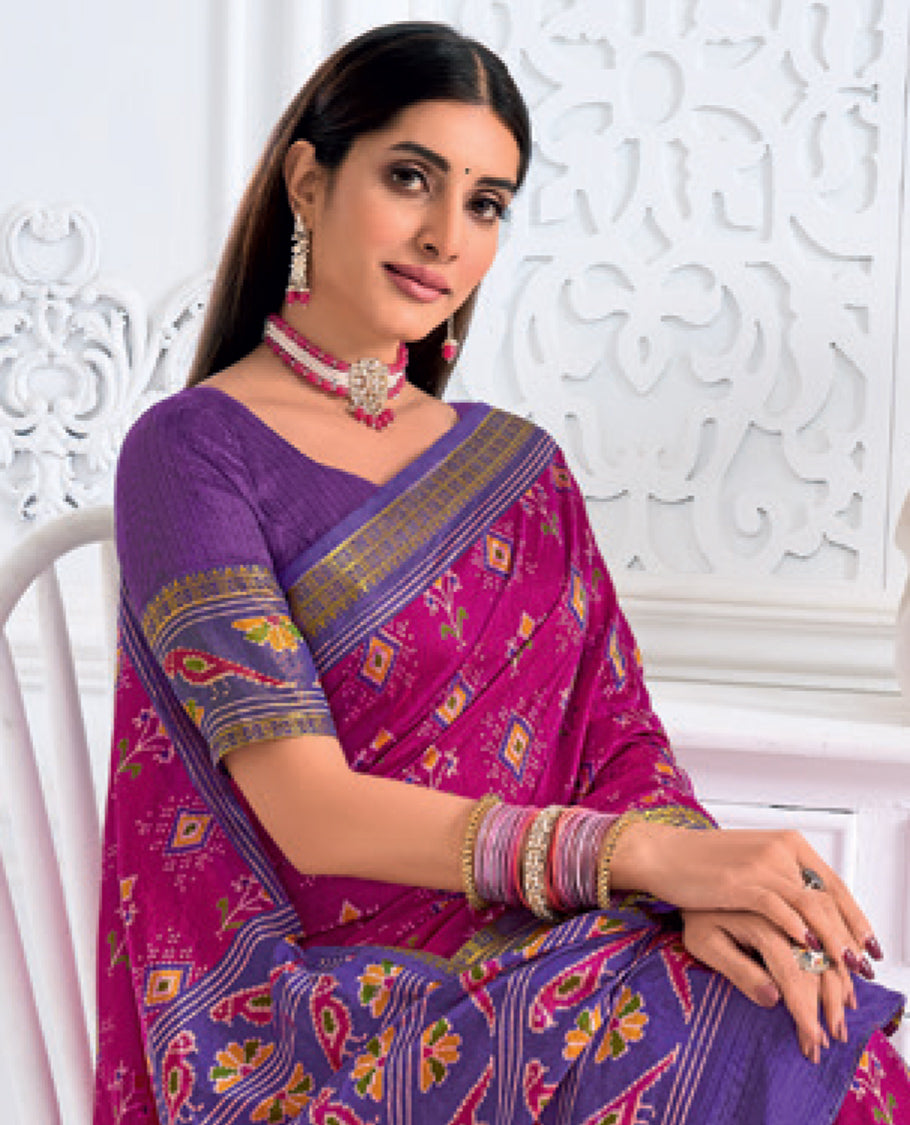 Pink Fancy Raw Silk Designer Catalog Saree, Prettified with Patola-Print, a Contrast Patola Border, Pallu of Patola Parrot Design, and a Contrast Blouse
