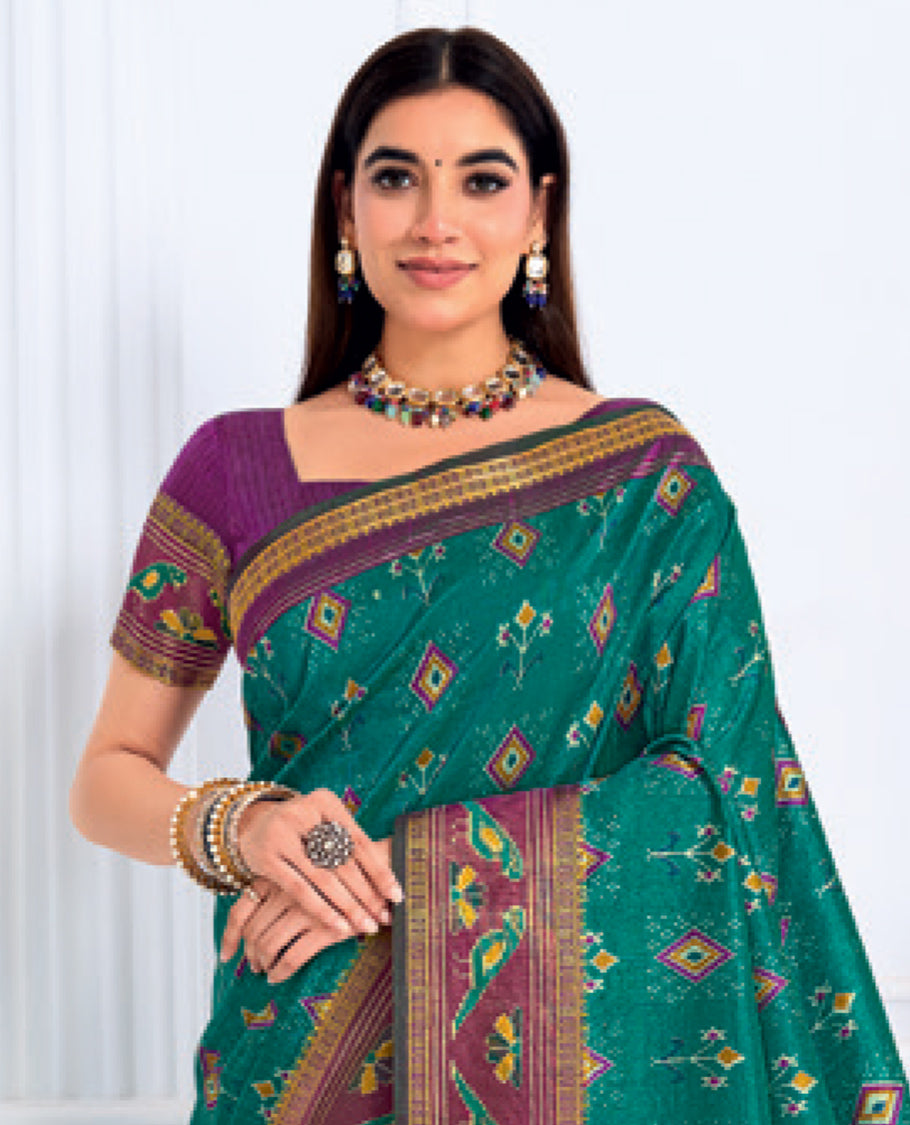 Green-Purple Fancy Raw Silk Designer Catalog Saree, Prettified with Patola-Print, a Contrast Patola Border, Pallu of Patola Parrot Design, and a Contrast Blouse