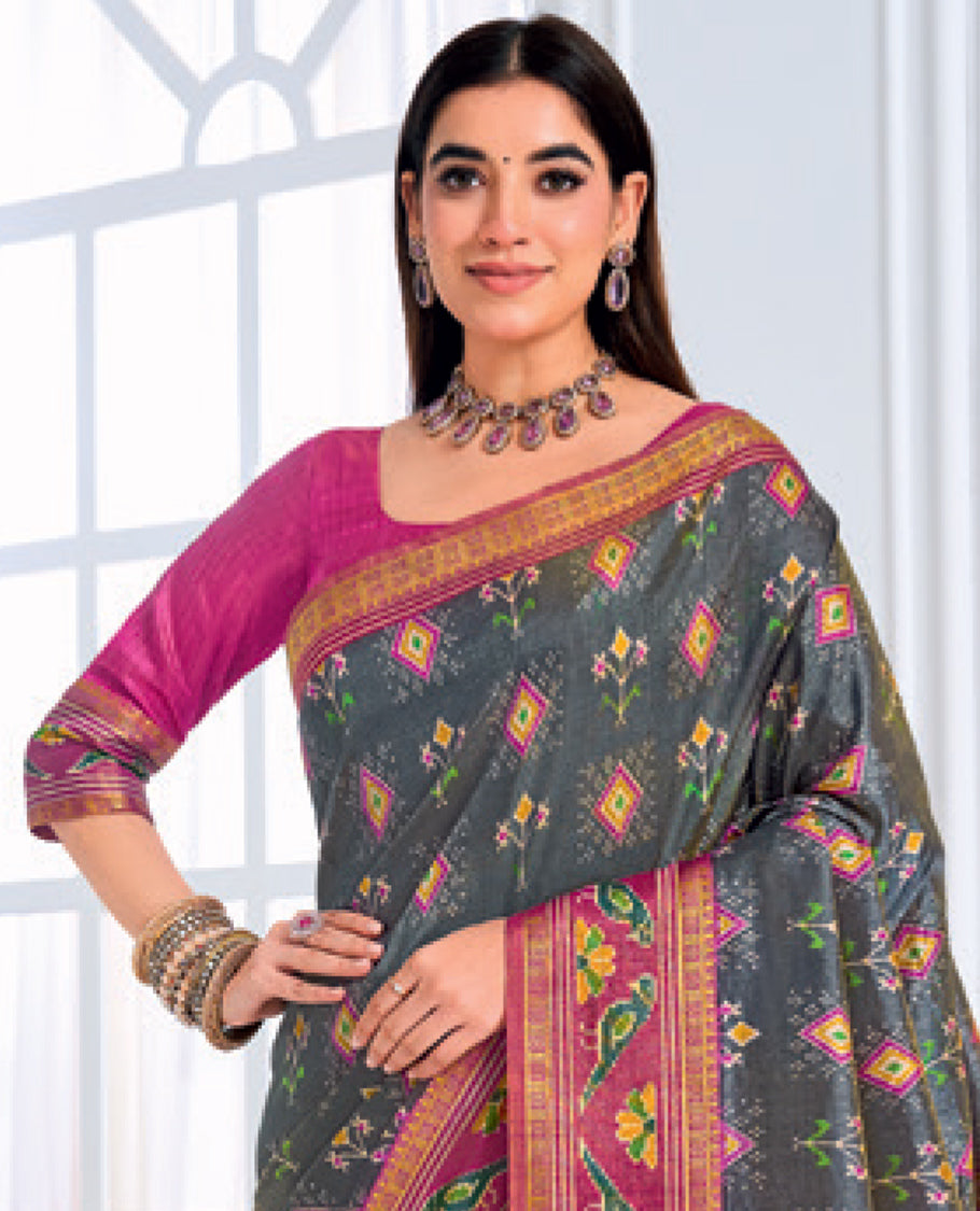Grey Fancy Raw Silk Designer Catalog Saree, Prettified with Patola-Print, a Contrast Patola Border, Pallu of Patola Parrot Design, and a Contrast Blouse